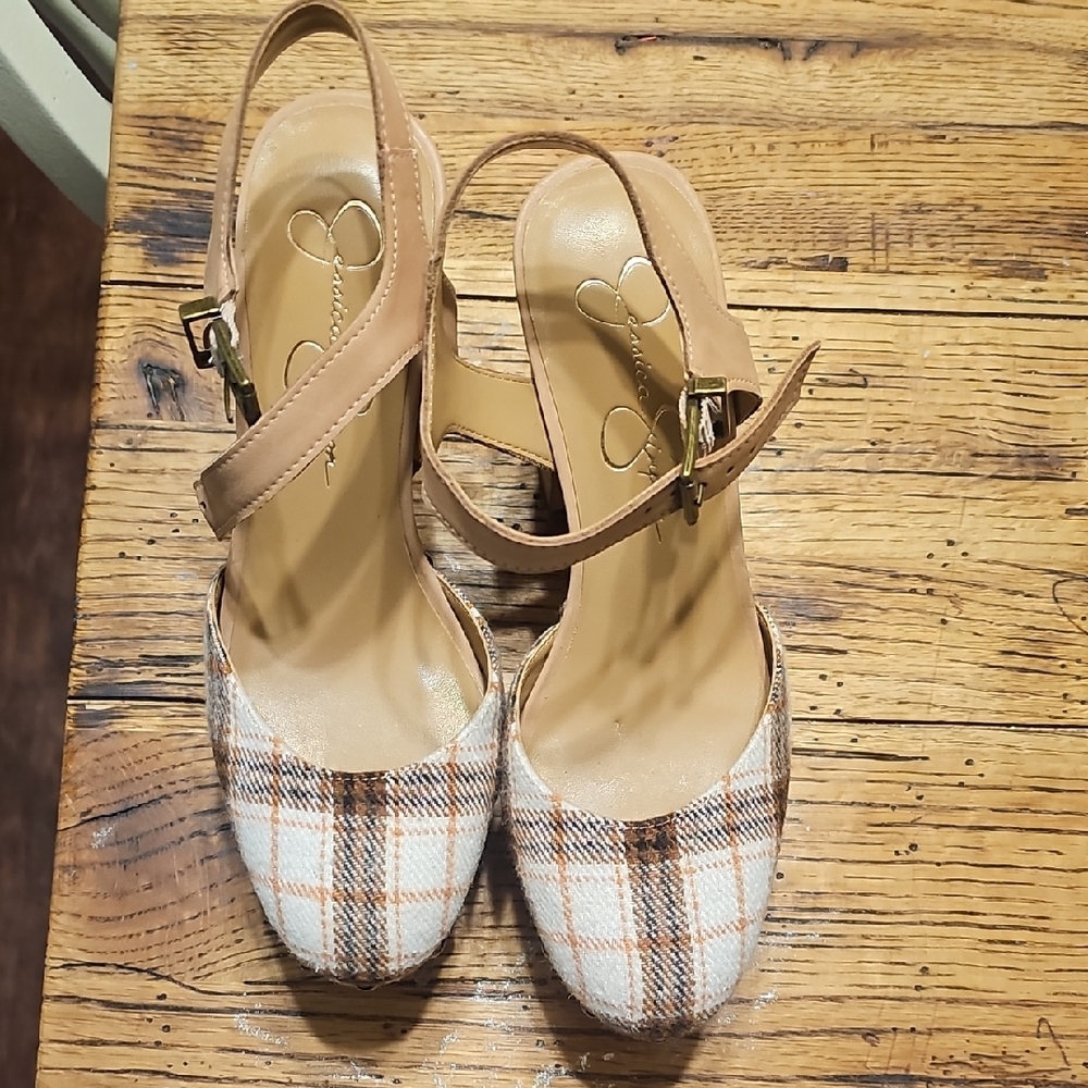 Jessica Simpson Tan and White Plaid Wedges